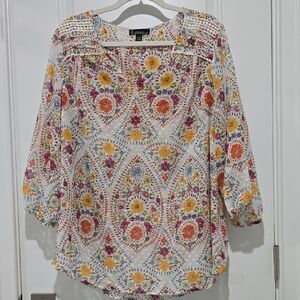 Signature Studio White 3/4 Sleeve Blouse with Mandarin Collar